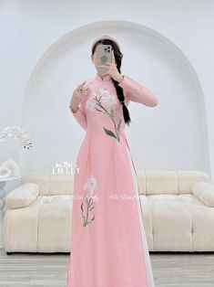 🌻 Stretchy level: 2/10 🌻Material: Lụa vân gỗ 🌻 The measurement of this ao dai (long dress) is in Vietnamese size (American size tends to be bigger for the same size). Please LOOK AT THE SIZE CHART CAREFULLY BEFORE ORDERING. There might have some chalk writings on the fabric due to making process. These marks can be washed away easily. 🌻No returns or exchanges Buyer can contact seller about any issues with an order. 🌸 Follow us Facebook/aodaiemily www.aodaiemily.com 💜 Thank you very much!💜 Pink Floral Print Ao Dai For Spring, White Ao Dai With Floral Embroidery And Long Sleeves, Spring White Ao Dai With Floral Embroidery, Floor-length Ao Dai For Spring Wedding, White Ao Dai With Floral Embroidery Long Sleeve, Spring Pink Ao Dai With Floral Print, White Long Sleeve Ao Dai With Floral Embroidery, Luxury Floor-length Ao Dai For Women, Elegant Floor-length Fitted Ao Dai