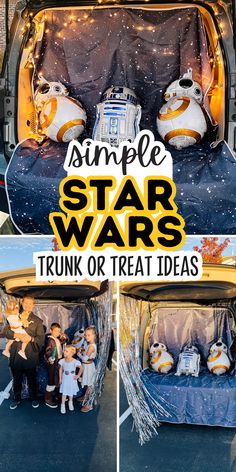 Photo collage of star wars trunk or treat with text that reads "simple star wars trunk or treat ideas." Star Wars Themed Trunk Or Treat, Star Wars Truck Or Treat, Trunk Or Treat Ideas Star Wars, Star Wars Car Decorations, Mandalorian Trunk Or Treat, Star Wars Trunk Or Treat Ideas For Suv, Trunk Or Treat Ideas For Cars Star Wars, Starwars Trunk Or Treat Ideas, Disney Trunk Or Treat Ideas For Suv