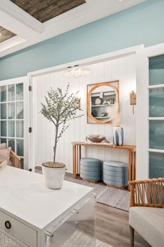 sea foam, shiplap ceiling, tray ceiling, sand dollar, coastal grandma, modern coastal, nautical, home office decor, built in shelving, beachy Home Office With French Doors, Dark Shiplap, Office With French Doors, Ceiling Details, Foam Paint, Working Remotely, Beachy Decor, Granite Kitchen