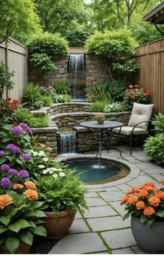 an outdoor patio with a waterfall and flowers