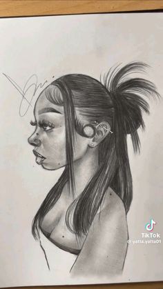 a pencil drawing of a woman's face with long hair and piercings on her ears