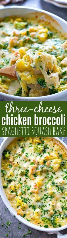 chicken broccoli and cheese bake in a white casserole dish