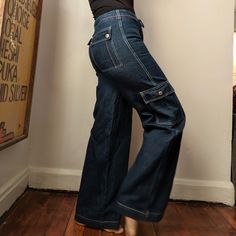 Wide Leg Cargo Drawstring Waist Jeans By Lazer Jeans. Button Fly. 100% Cotton, Made In China. Marked A Size 9- 30" Waist, 10.75" Rise, 40" Hips (Measured Under Fly), 31" Inseam. Leg Opening Is Approx. 10". In Great Condition With No Noticeable Flaws. Color Is Most Accurate In Photos Where Pants Are Being Held Up. Mall Goth Rave Skater Y2k 90s Wide Leg Cargo Tomboy Goth Rave, Being Held, Jeans Button, Mall Goth, Hold Ups, Waist Jeans, Y2k 90s, Flare Jeans, Drawstring Waist