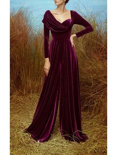 Jumpsuits Evening Gown Elegant Dress Formal Evening Sweep / Brush Train Long Sleeve Sweetheart Fall Wedding Guest Velvet V Back with Pleats Slit 2024 2024 - $130.99 Purple Velvet Prom Dress, Prom Dress 2022, Halter Dress Casual, Purple Evening Gowns, Velvet Prom Dress, Women Jumpsuit, Night Club Dress, Dresses Formal Elegant, Evening Gowns Elegant