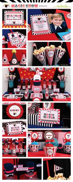 a red and black circus themed birthday party with lots of food, decorations and desserts