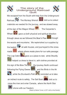 the story of the underground railroad quilt pattern is shown in green and white, with text on