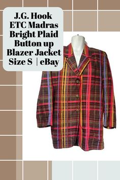 J.G. Hook ETC Madras Bright Plaid Button up Blazer Jacket Madras Plaid, J G, Cole Haan, Vest Jacket, Blazer Jacket, Button Up, Plaid