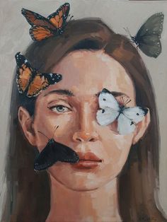 a painting of a woman with butterflies on her face