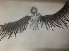 a drawing of an angel with black wings