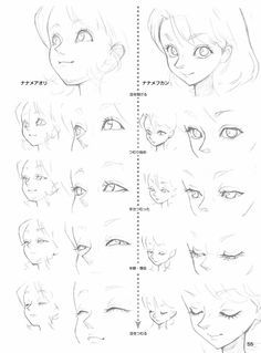 an anime character's face is shown with different angles and facial features, including the eyes