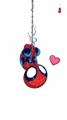 a drawing of a spider man hanging from a chain with glasses on it's face