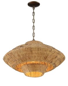 a light that is hanging from a ceiling fixture with wicker shades on the bottom