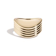 Consisting of an elegant undulating wave of five thin bands, our Bossa Nova Quintet Ring looks lovely on its own or stacked with other rings from our Bossa Nova series (such as the plain or diamond bands). As the widest ring in the series, it also stands out alone. 8mm width Available in 14k yellow, rose and white gold. Please reach out for pricing on 18k gold and platinum. Also available in quarter sizes, please indicate your preference for a quarter size while checking out. Yellow Gold / Size Selin Kent, Dainty Fine Jewelry, Gold Trend, Wax Carving, Ring Trends, Bossa Nova, Wide Rings, Open Ring, Yellow Rose