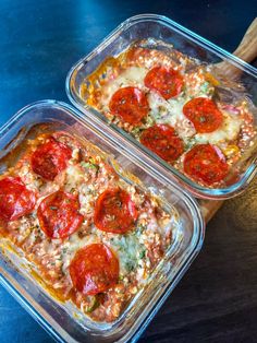 two glass casserole dishes with tomatoes and cheese