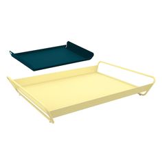 two serving trays with handles on each side, one in yellow and the other in teal