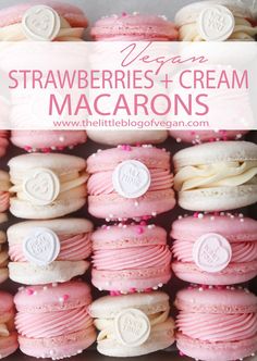 pink and white macarons are stacked on top of each other with the words vegan strawberries and cream macaroons