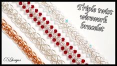 three different types of beaded bracelets with red and white beads on each side