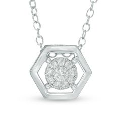 Eye-catching and elegant, this diamond fashion pendant makes a sophisticated statement. Created in 10K white gold, this pendant features a flower-shaped composite of shimmering round diamonds at its center. A hexagonal frame surrounds the cluster, completing the design. Glistening with 1/6 ct. t.w. of diamonds and a polished shine, this pendant suspends along an 18.0-inch rope chain that secures with a spring-ring clasp. Zales Zales, Hexagon Diamond, Fashion Pendant, Diamond Fashion, Rope Chain, Diamond Stone, White Metal, Necklace Designs, Spring Rings