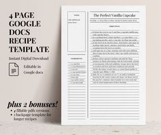 an image of a recipe book with the words google docs template written below it