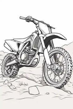 a drawing of a dirt bike in the desert with rocks and grass on the ground