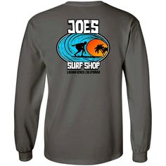 The Joe's Surf Shop Sunrise Surfer Long Sleeve Tee is a must-have when it gets chilly. This vintage long sleeve shirt brings about a peacefulness that many surfers find when surfing dawn patrol. There is no better feeling than waking up before the sunrise and hitting the waves when very few are out. The calming feeling of a sunrise surf session is unmatched. Classic Heavyweight 100% Cotton Long Sleeve T-Shirt Printed in the USA Rib knit cuffs Coverseamed neck Double-needle sleeves and hem Free S Laguna Hills California, Before The Sunrise, Vintage Long Sleeve Shirt, Vintage Long Sleeve, White Charcoal, The Sunrise, Surf Wear, Surf Shop, Knit Cuff