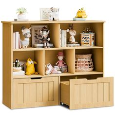 a wooden bookcase filled with lots of books next to two baskets on top of each other