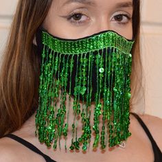 Fashion black satin mask with holographic green sequins 6" fringe  This fashion mask has 2 layers, taffeta and cotton, for daily use, really breathable. The fabric and the shape of the mask does not allow it to slip or stick to your face when you speak, so can be used daily.  Perfect fit on your face - soft ear loops  The elastic can be shortened if it is too wide, just make another knot or it can be changed.  Material: outer surface - quality satin taffeta                  inner surface - soft Adjustable Mardi Gras Party Mask, Green Masquerade Mask For Mardi Gras Party, Rave Masks For Carnival Masquerade, Rave Masks For Masquerade And Carnival, Rave Style Masquerade Mask For Carnival, Black Rave Masks For Party, Fashion Cover, Fashion Mask, Festival Hair