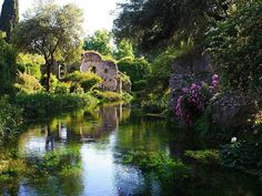 a river running through a lush green forest filled with lots of trees and bushes next to a stone building