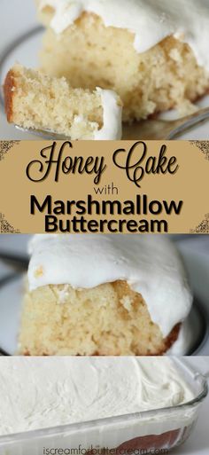 honey cake with marshmallow buttercream frosting in a glass dish on a white plate