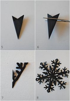 four photos showing how to make an origami snowflake