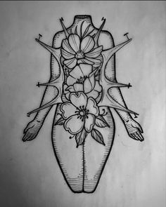 a drawing of a vase with flowers on it