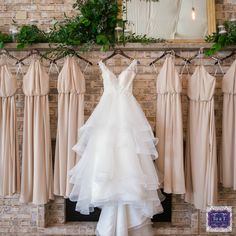 wedding dress hanging up in front of bride's dresses