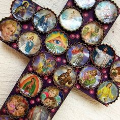 mexican crosses | Mexican Icon Cross I really love this. Mexican Icons, Shrines Box, Catholic Crafts, Bottle Cap Art, Mexican Crafts, Cross Art, Bottle Cap Crafts, Mexican Decor, Religious Images