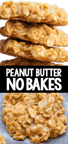 peanut butter no bakes cookies stacked on top of each other with text overlay