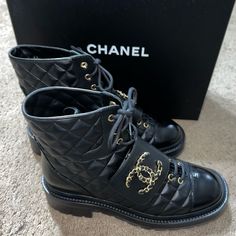 Absolutely No Trades Firm Price -Holiday 22/23 Edition -Chanel Lace Up Calfskin & Shiny Calfskin Leather Boots -Quilted Design -Black Leather -Lace Up -Large Gold Chanel Logos -Size 38.5 -New In Box & Two Dust Bags -Never Used Only Tried On -Authentic -Poshmark Authenticates For Free Key Words Only: Chanel Boots 2023 Luxury Winter Boots With Round Toe, Luxury Round Toe Boots For Fall, Luxury Ankle-high Boots For Fall, Luxury Winter Boots With Lug Sole, Luxury Lace-up Patent Leather Boots, Luxury High-top Formal Boots, Luxury High-top Boots For Formal Occasions, Luxury Boots With Round Toe, Luxury Patent Leather Boots