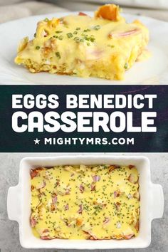 eggs benedict casserole in a white dish with text overlay