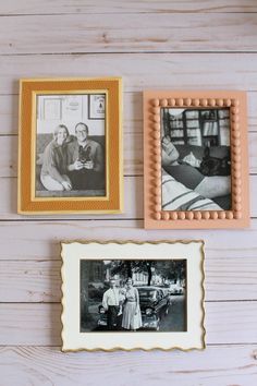 three framed photos hanging on the wall with text overlay 3 ways to upgrade basic wood photo frames