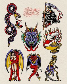 an assortment of tattoo designs on white paper