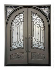 an ornate iron door with glass panels on the front and side doors to both sides