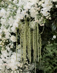 white flowers and greenery are hanging from the side of a tree in an outdoor setting