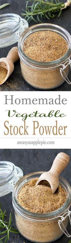 two jars filled with homemade stock powder on top of a table