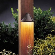 a wooden post with a light on it next to plants and bushes in the background