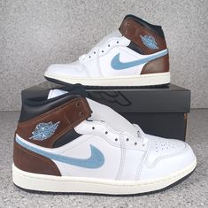 Nike Air Jordan 1 Mid Se Brown Blue Grey Sneakers Men's Size 8 & 8.5 Available Brand New With Box I Ship Same Or Next Day Of Purchase. Fast Shipping Check Out My Reviews And Purchase With Confidence From A Trusted Seller. Leather Jordan Shoes With White And Gum Sole, Jordan 1 Blue, Jordan 4 Bred, Sneakers Outfit Men, Air Jordan 1 Mid Se, Nike Air Jordan 11, Nike Air Jordan 1 Mid, Nike Shoes Jordans, Nike Air Jordans