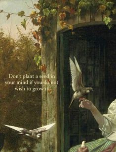 a painting of a woman feeding birds in front of an open door with the words don't plant a seed in your mind if you do not wish to grow it