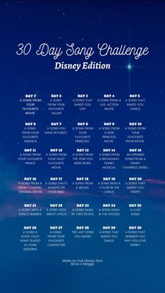 the 30 day song challenge poster for disney's live - in - the - sky