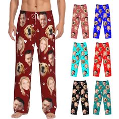 men's pajama pants with dog faces and paw prints on them, all in different colors