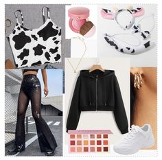 a collage of different items including a cow print top, black pants and white sneakers