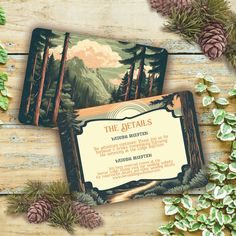 two cards with the words the details on them and pine cones around them, surrounded by greenery