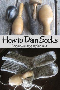 an image of how to dan socks made out of yarn and wooden spoons with text overlay