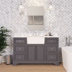 a bathroom with a sink, mirror and bathtub next to a plant on the floor